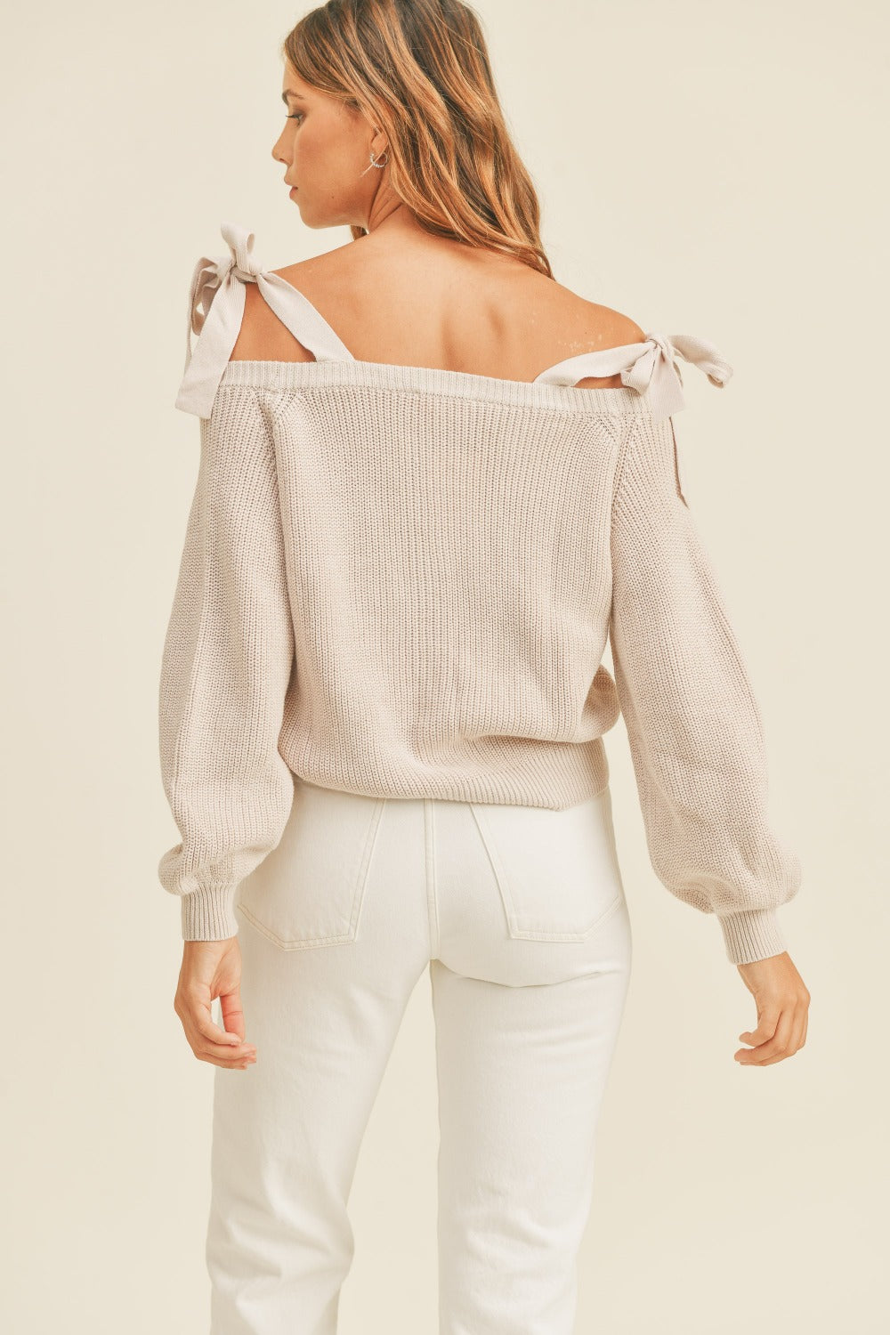MABLE Off Shoulder Self Tie Strap Button Down Sweater - Heritage Couture  