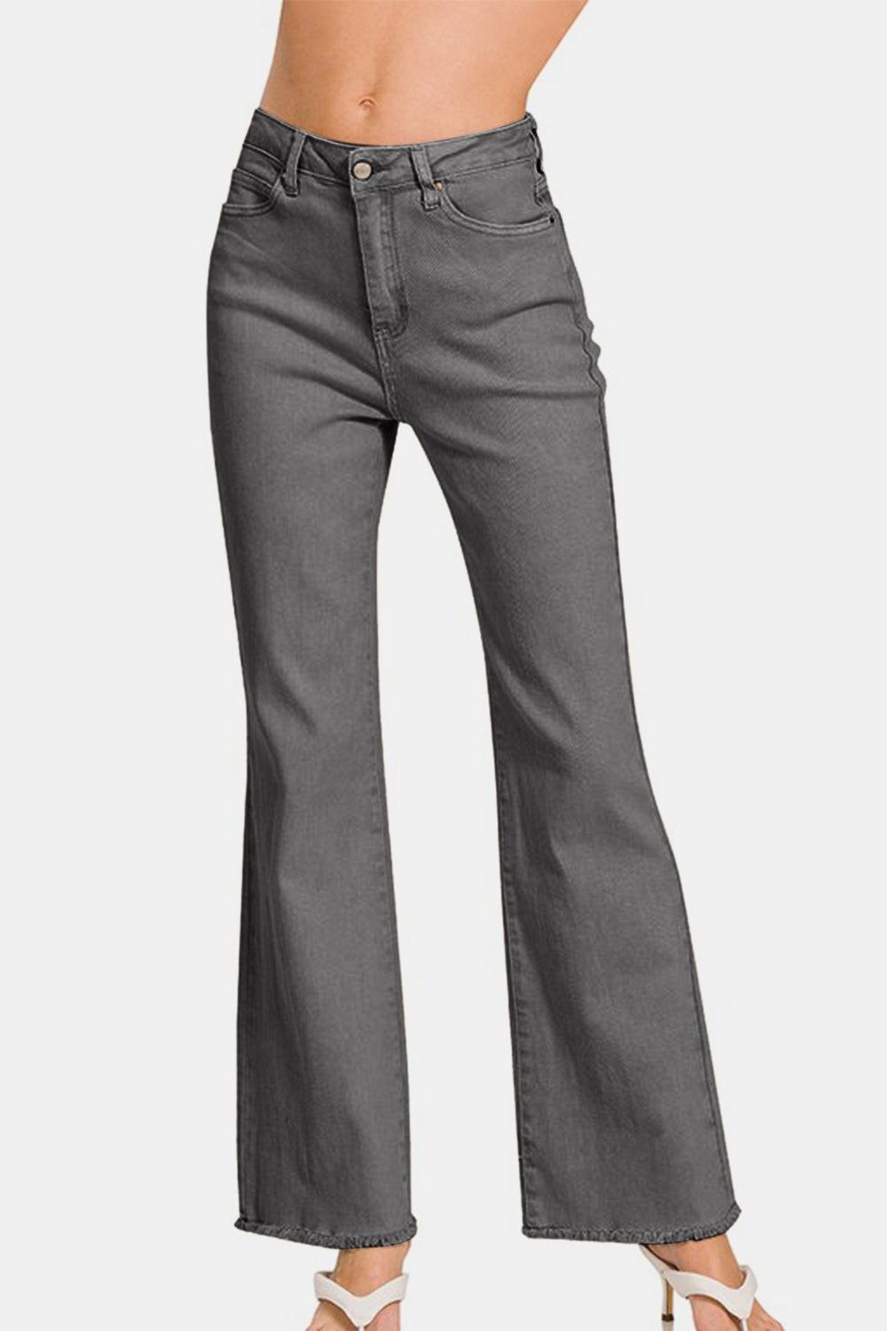 Zenana Acid Washed Frayed Hem Bootcut Jeans - Heritage Couture  