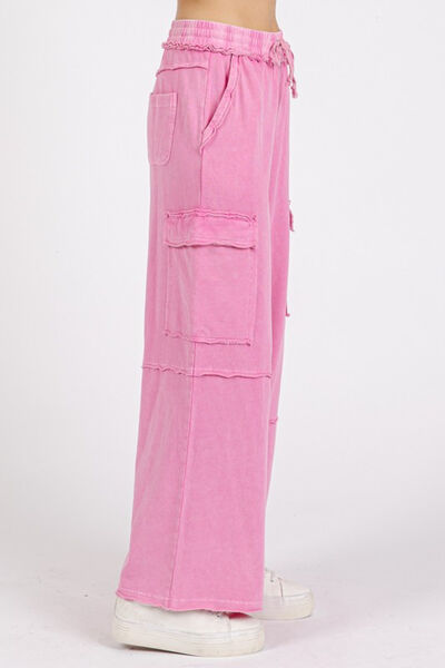 Mittoshop Mineral Wash Elastic Waist Cargo Wide Leg Pants - Heritage Couture  