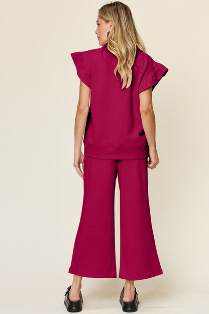 Double Take Texture Ruffle Short Sleeve Top and Drawstring Wide Leg Pants Set - Heritage Couture  