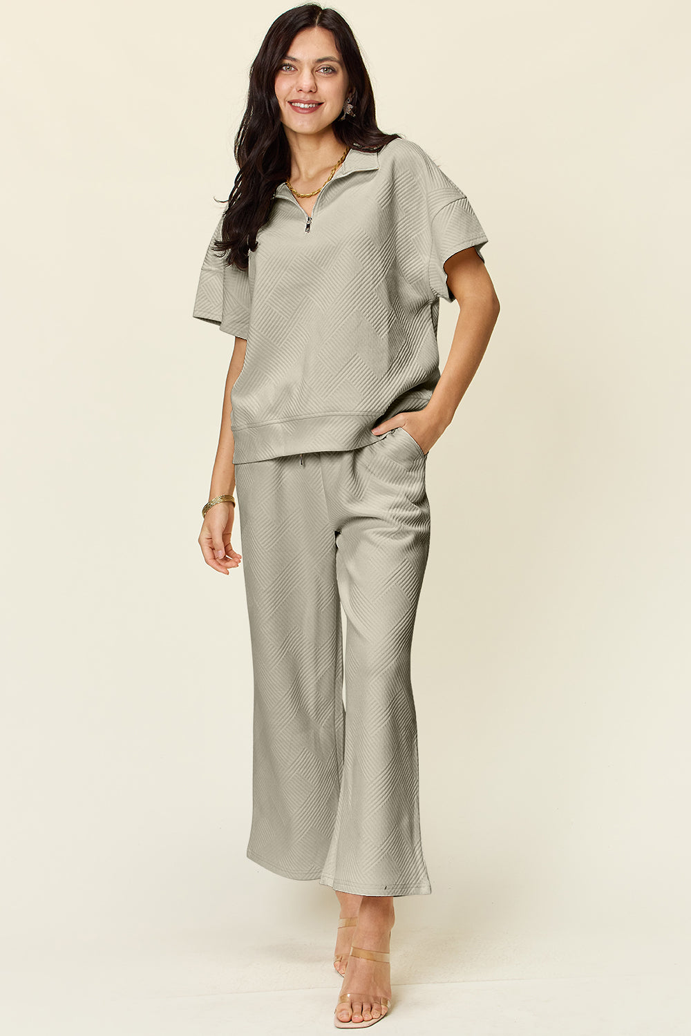 Double Take Full Size Texture Half Zip Short Sleeve Top and Pants Set - Heritage Couture  