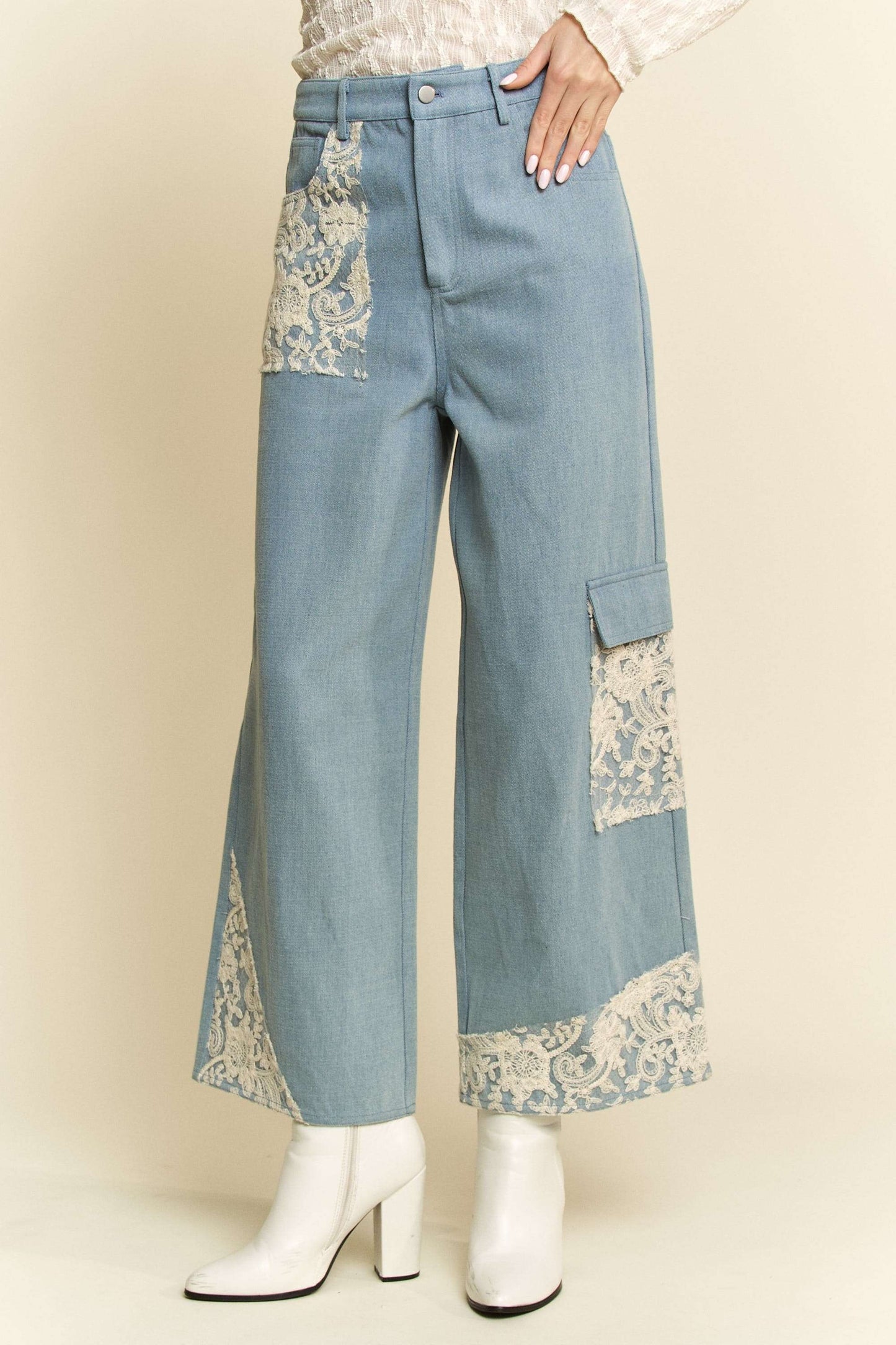 Davi & Dani Lace Applique Wide Leg Jeans - Heritage Couture  