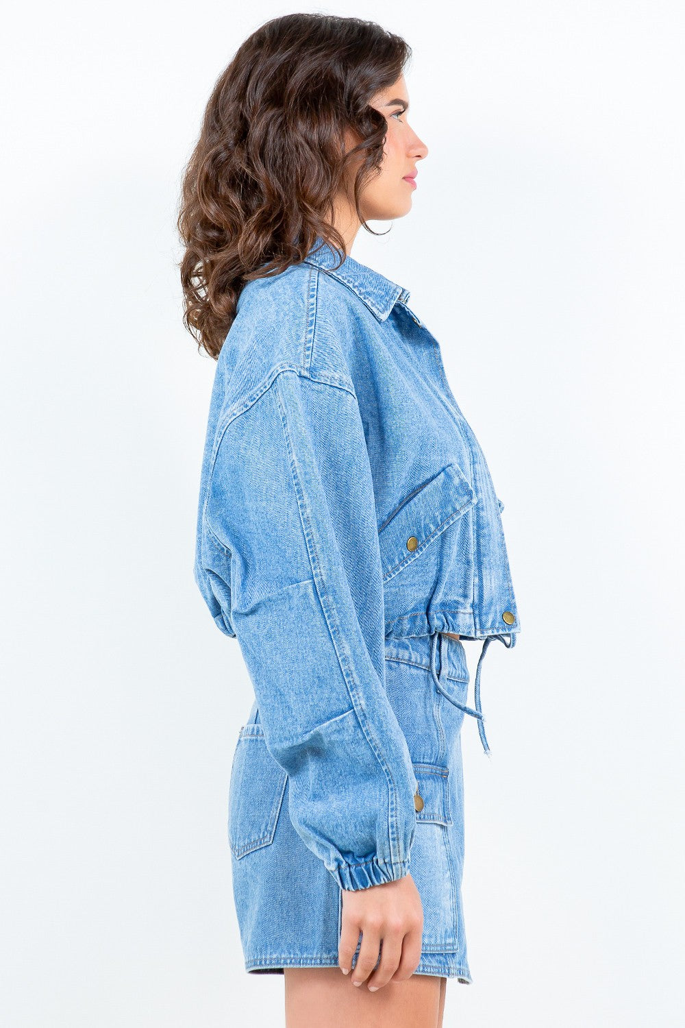 American Bazi Drawstring Waist Crop Denim Jacket - Heritage Couture  