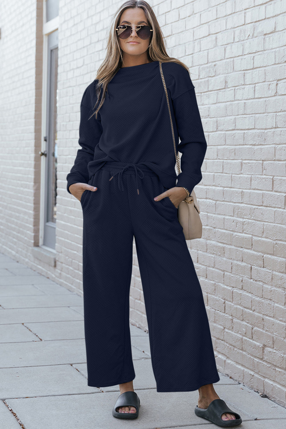 Double Take Full Size Textured Long Sleeve Top and Drawstring Pants Set - Heritage Couture  