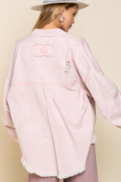 POL Button Down Raw Hem Distressed Shacket - Heritage Couture  