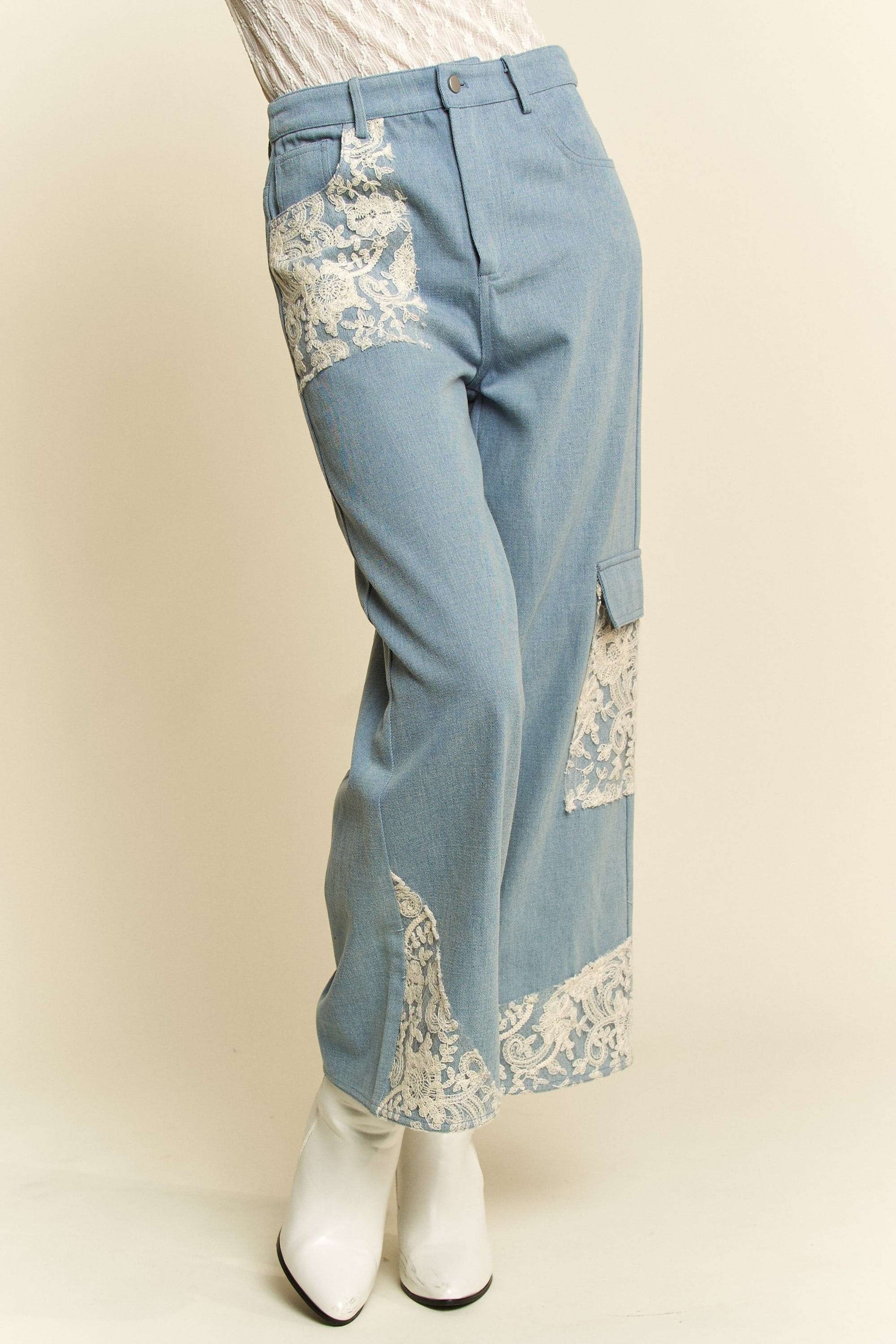 Davi & Dani Lace Applique Wide Leg Jeans - Heritage Couture  
