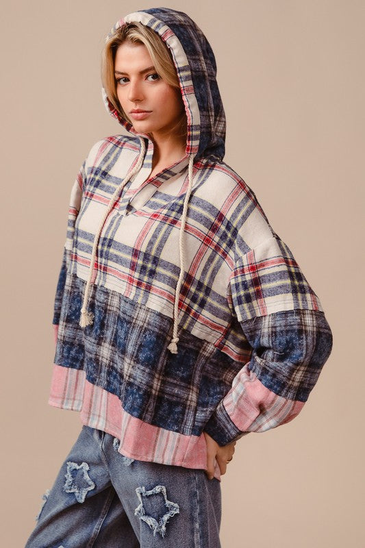 BiBi Drawstring Plaid Drop Shoulder Hoodie - Heritage Couture  