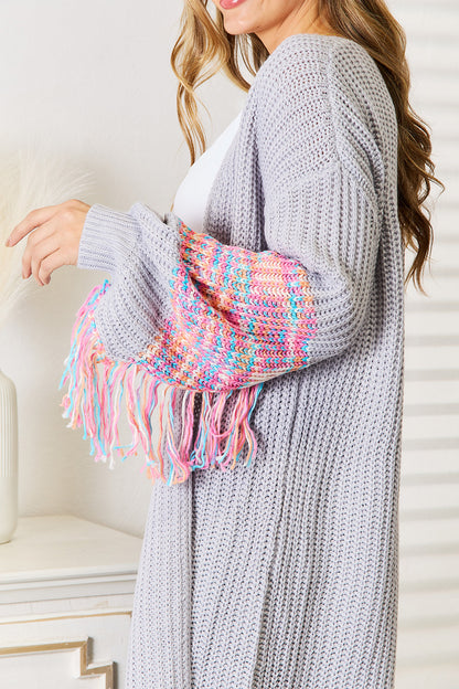 Woven Right Fringe Sleeve Dropped Shoulder Cardigan - Heritage Couture  