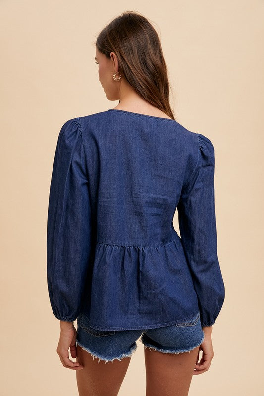 Annie Wear Tie Front Peplum Long Sleeve Denim Top - Heritage Couture  