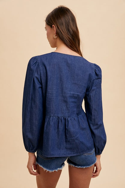 Annie Wear Tie Front Peplum Long Sleeve Denim Top - Heritage Couture  