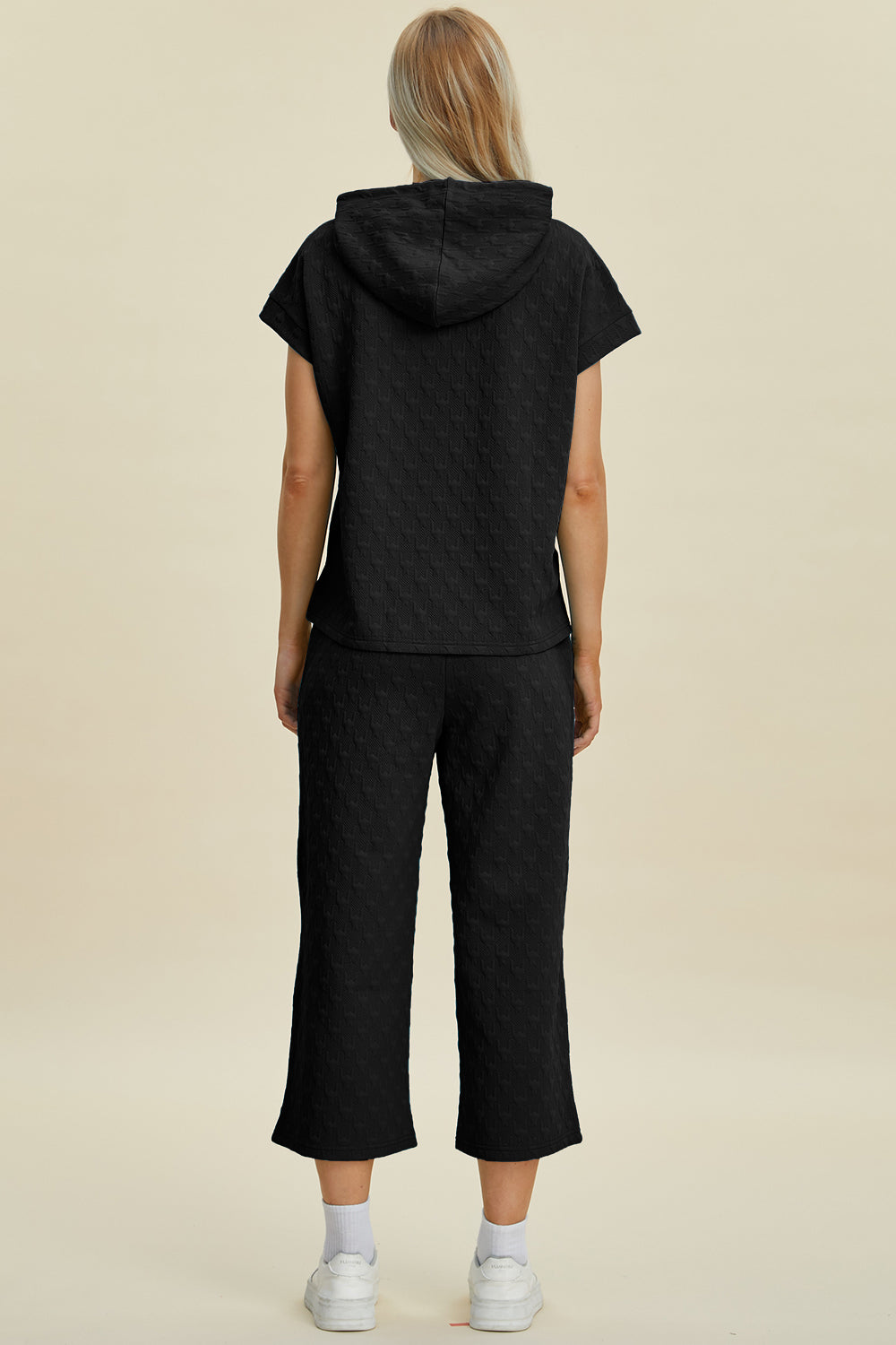 Double Take Full Size Texture Drawstring Short Sleeve Hoodie and Pocketed Pants Set - Heritage Couture  