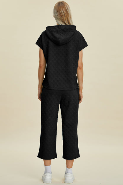 Double Take Full Size Texture Drawstring Short Sleeve Hoodie and Pocketed Pants Set - Heritage Couture  