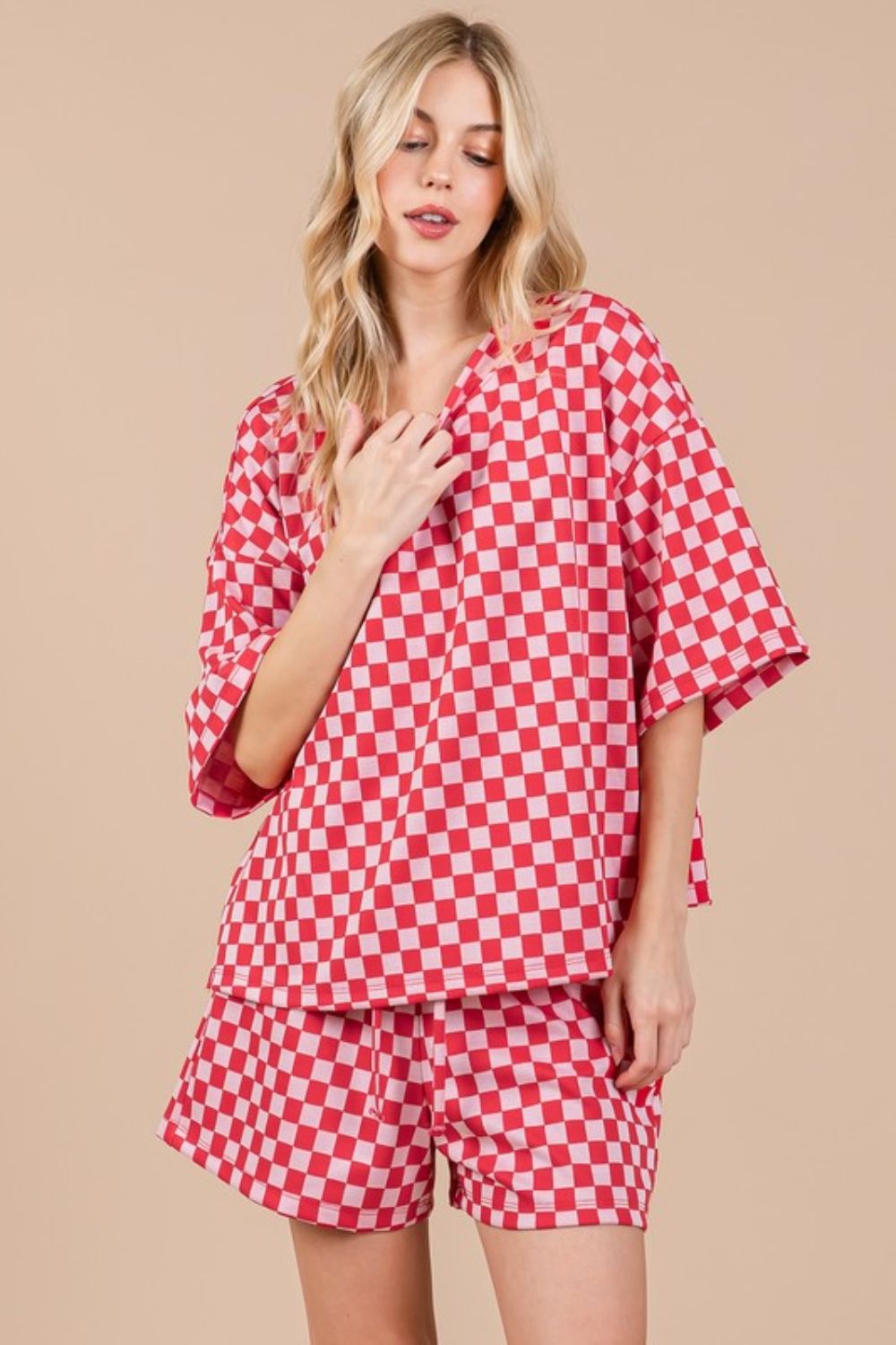Ces Femme Checkered Round Neck Top and Shorts Set - Heritage Couture  