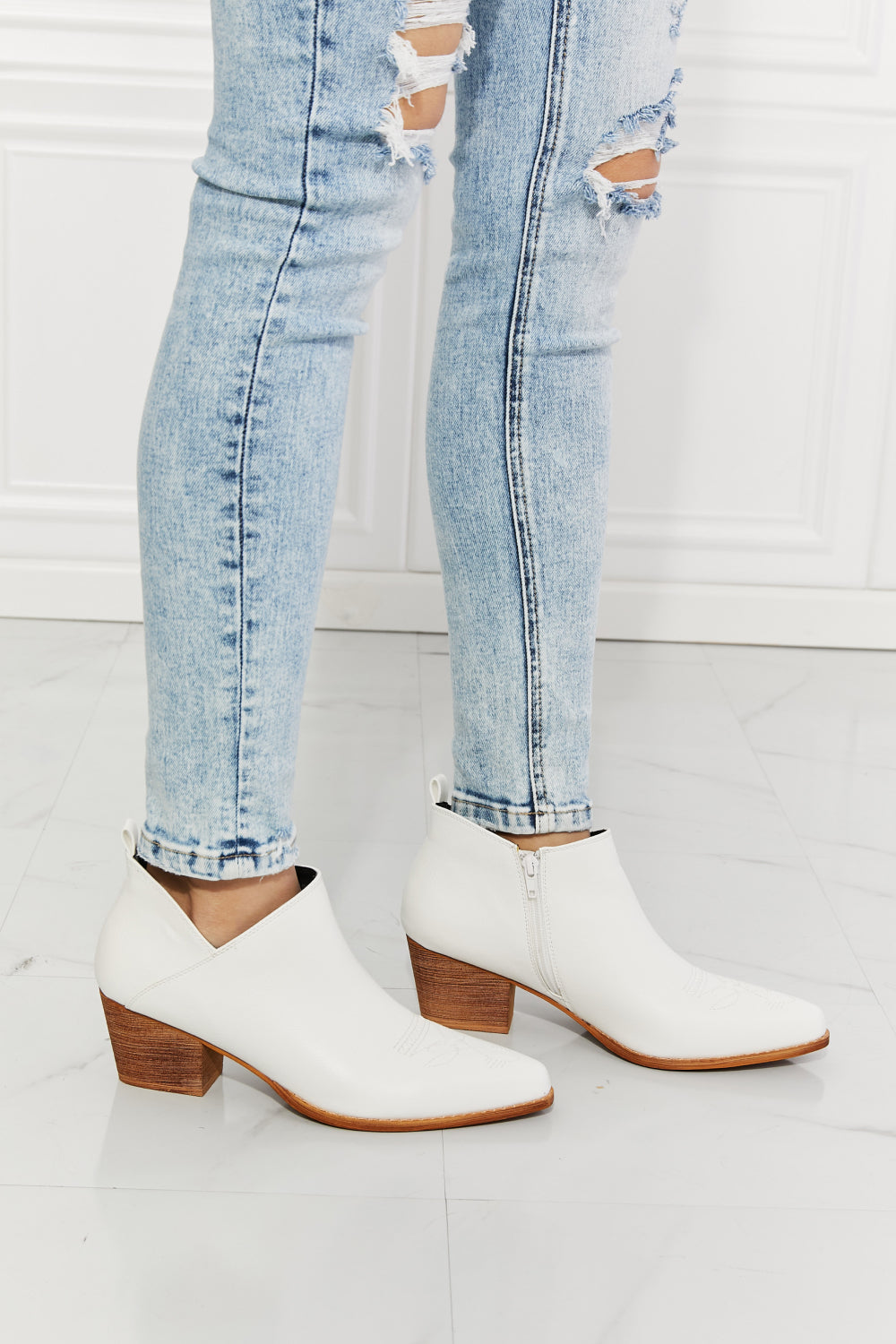 MMShoes Trust Yourself Embroidered Crossover Cowboy Bootie in White - Heritage Couture  