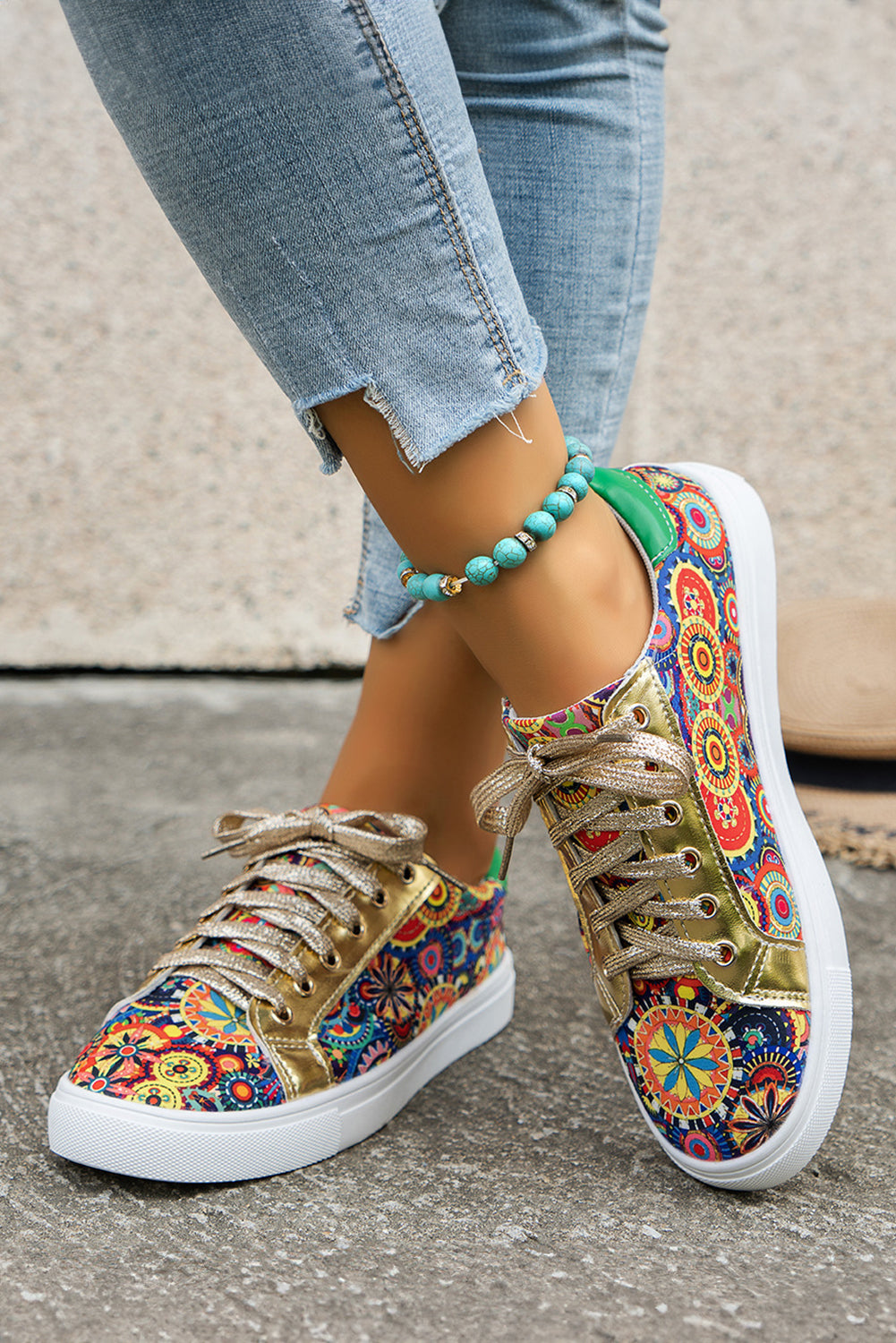 Gold Boho Geometric print Lace Up Sneakers - Heritage Couture  