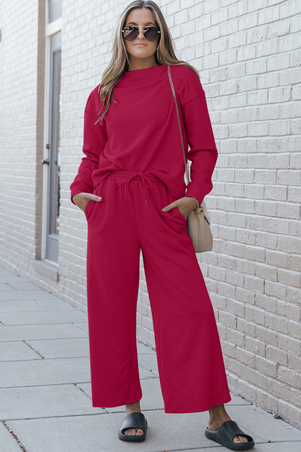 Double Take Full Size Textured Long Sleeve Top and Drawstring Pants Set - Heritage Couture  