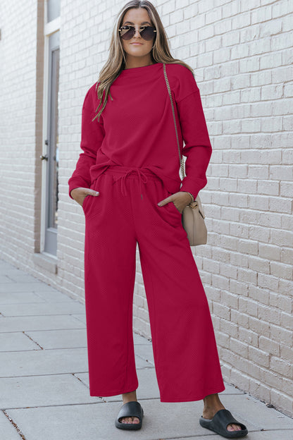 Double Take Full Size Textured Long Sleeve Top and Drawstring Pants Set - Heritage Couture  