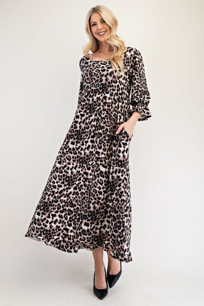 Celeste Full Size Leopard Round Neck Flounce Sleeve Dress - Heritage Couture  