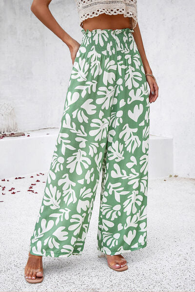 Devine Smocked Printed Wide Leg Pants with Pockets - Heritage Couture  