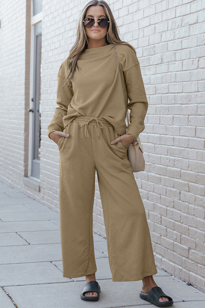 Double Take Full Size Textured Long Sleeve Top and Drawstring Pants Set - Heritage Couture  