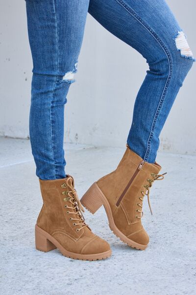 Forever Link Lace-Up Zipper Detail Block Heel Boots - Heritage Couture  