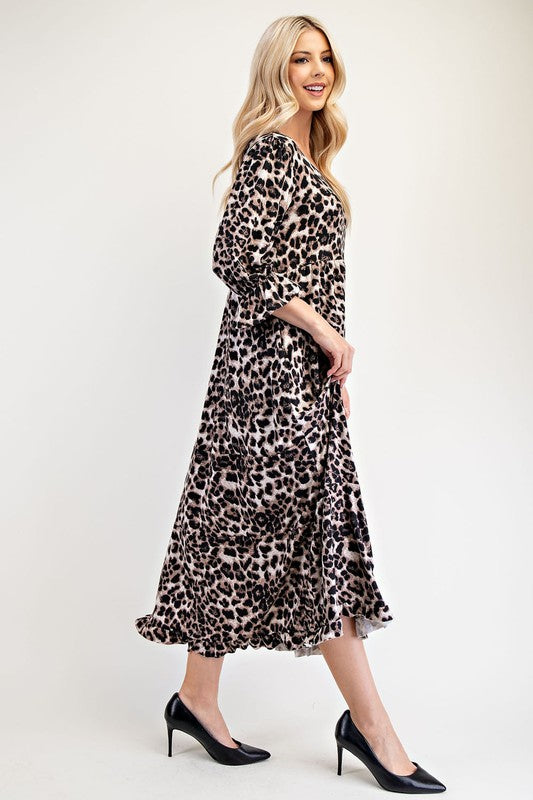 Celeste Full Size Leopard Round Neck Flounce Sleeve Dress - Heritage Couture  