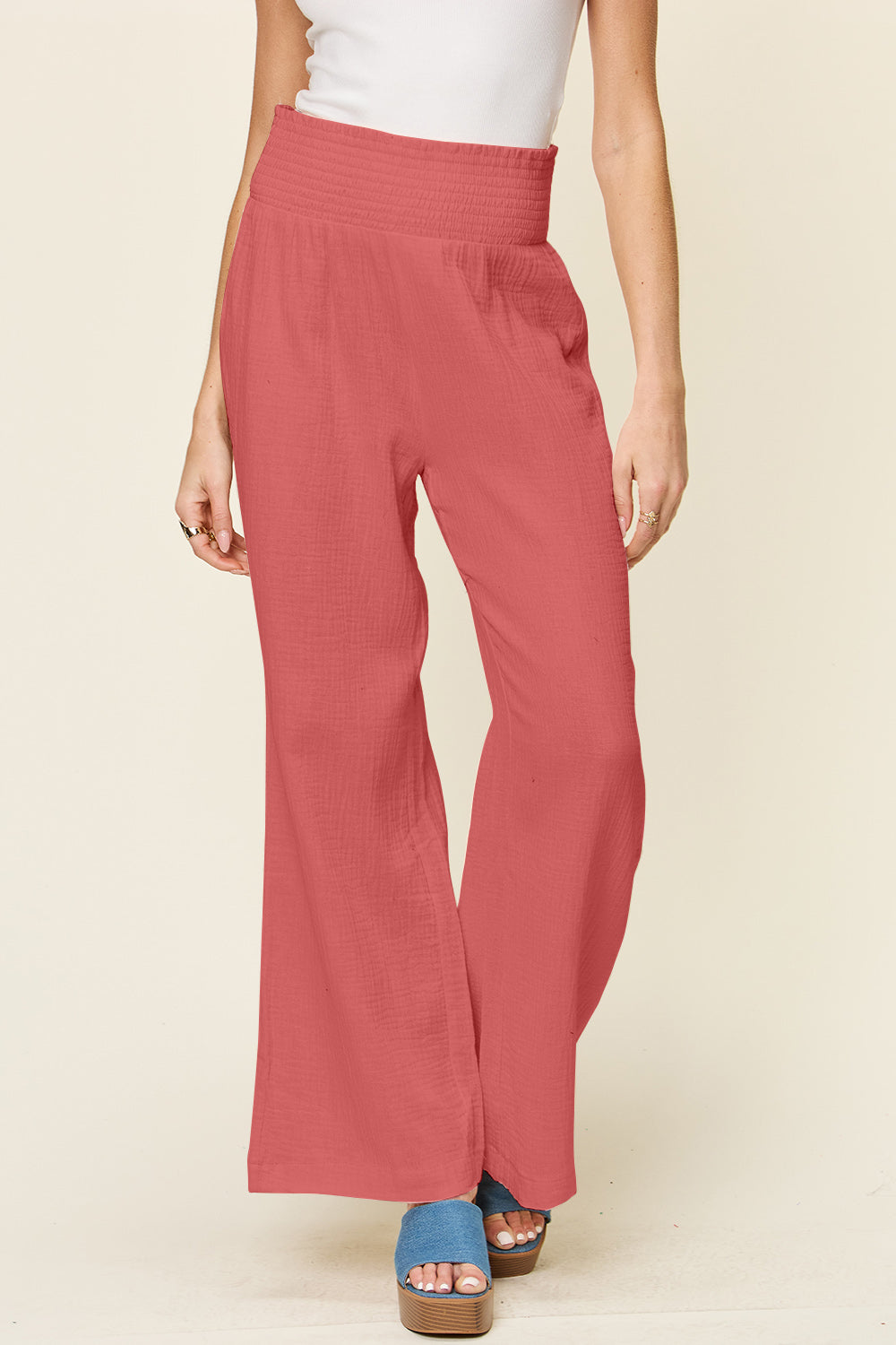 Double Take Full Size Texture Smocked Waist Wide Leg Pants - Heritage Couture  