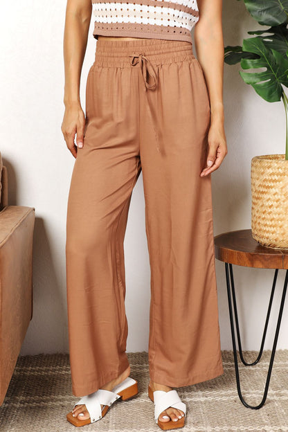 Double Take Drawstring Smocked Waist Wide Leg Pants - Heritage Couture  