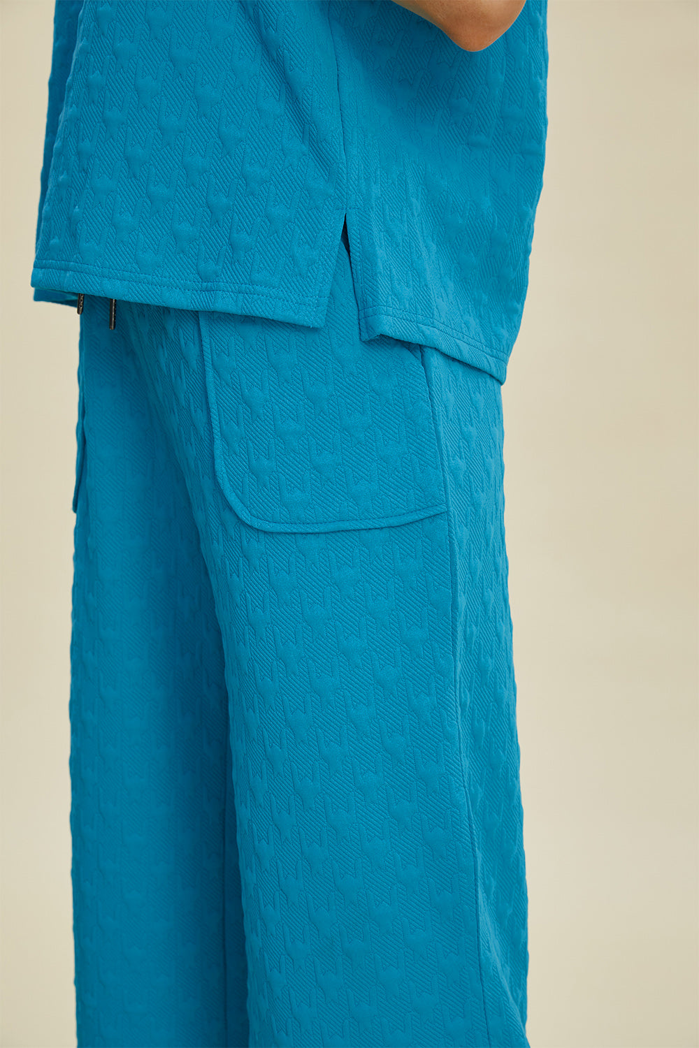 Double Take Full Size Texture Drawstring Short Sleeve Hoodie and Pocketed Pants Set - Heritage Couture  