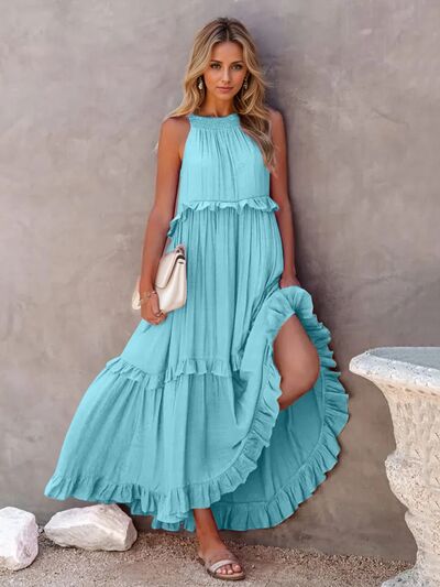 Ruffled Sleeveless Tiered Maxi Dress with Pockets - Heritage Couture  