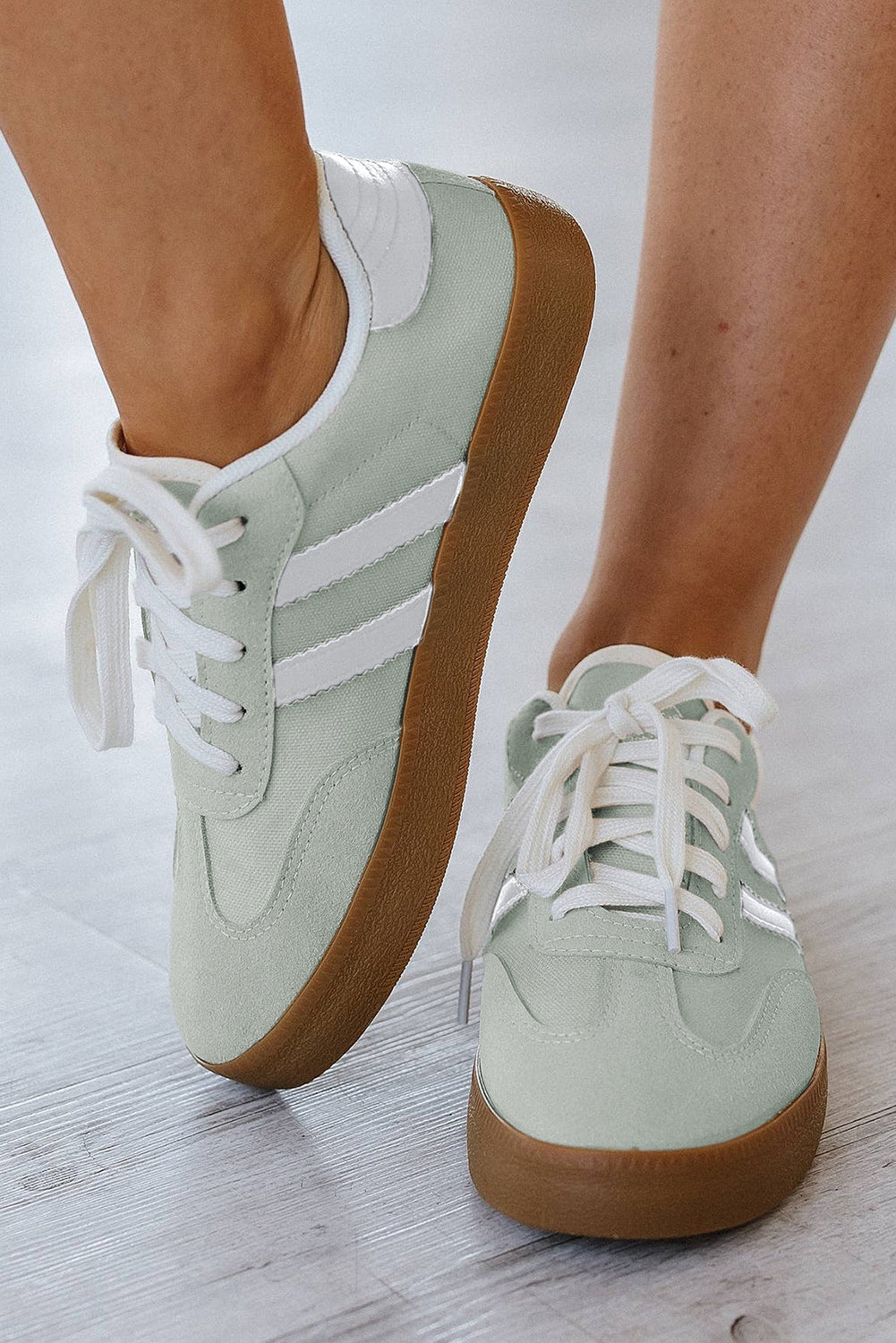 White Striped Lace Up Flat Sneakers - Heritage Couture  