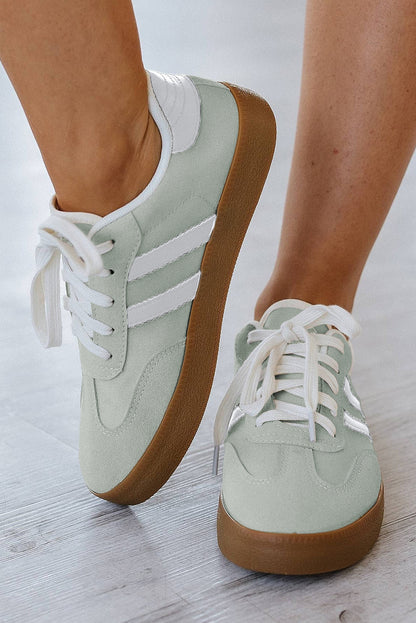 White Striped Lace Up Flat Sneakers - Heritage Couture  