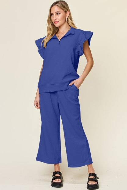Double Take Texture Ruffle Short Sleeve Top and Drawstring Wide Leg Pants Set - Heritage Couture  