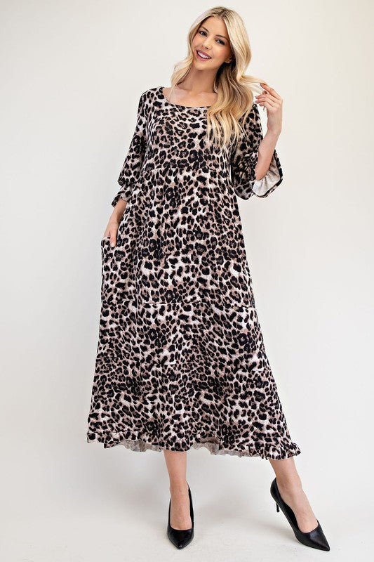 Celeste Full Size Leopard Round Neck Flounce Sleeve Dress - Heritage Couture  