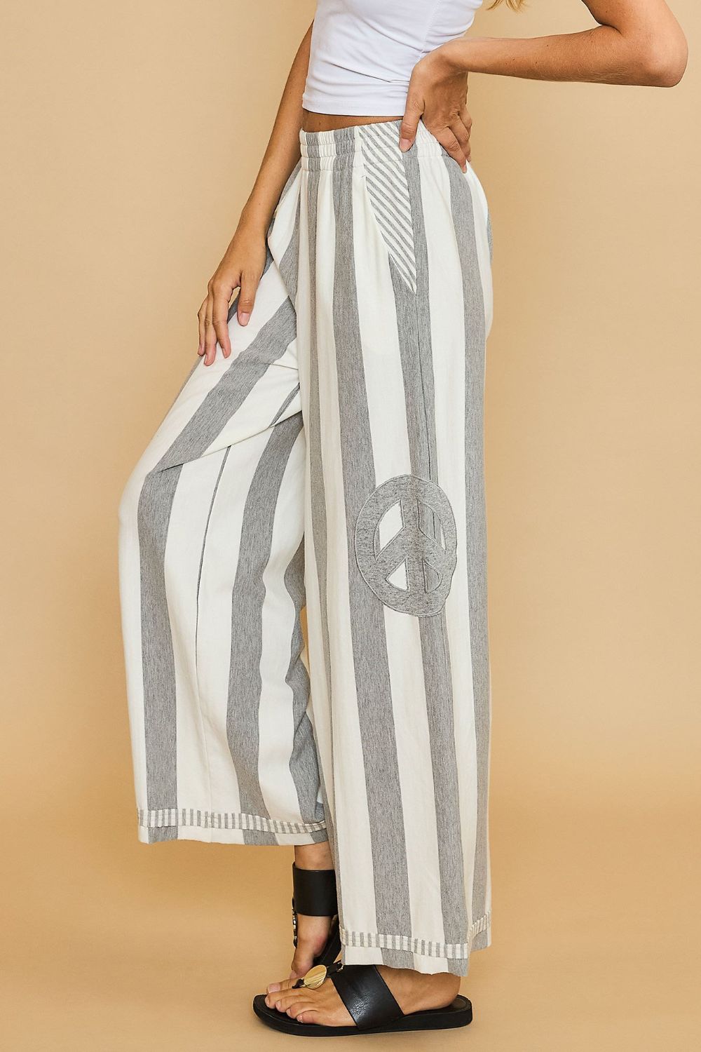 Umgee Peace Sign Patch Striped Wide Leg Pants - Heritage Couture  