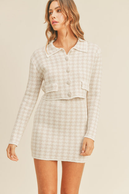 MABLE Houndstooth Cropped Knit Cardigan and Mini Skirt Set - Heritage Couture  