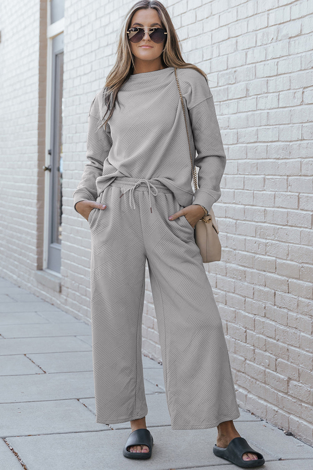 Double Take Full Size Textured Long Sleeve Top and Drawstring Pants Set - Heritage Couture  