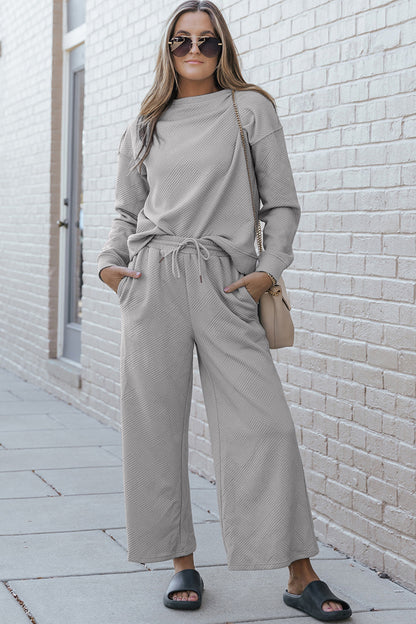 Double Take Full Size Textured Long Sleeve Top and Drawstring Pants Set - Heritage Couture  