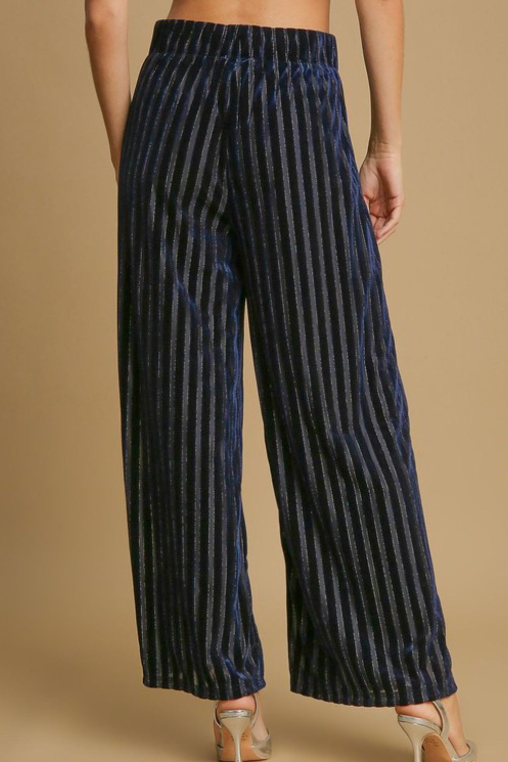 Umgee Full Size Elastic Waist Striped Wide Leg Velvet Pants - Heritage Couture  