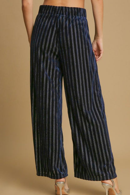 Umgee Full Size Elastic Waist Striped Wide Leg Velvet Pants - Heritage Couture  