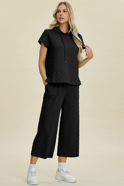 Double Take Full Size Texture Drawstring Short Sleeve Hoodie and Pocketed Pants Set - Heritage Couture  