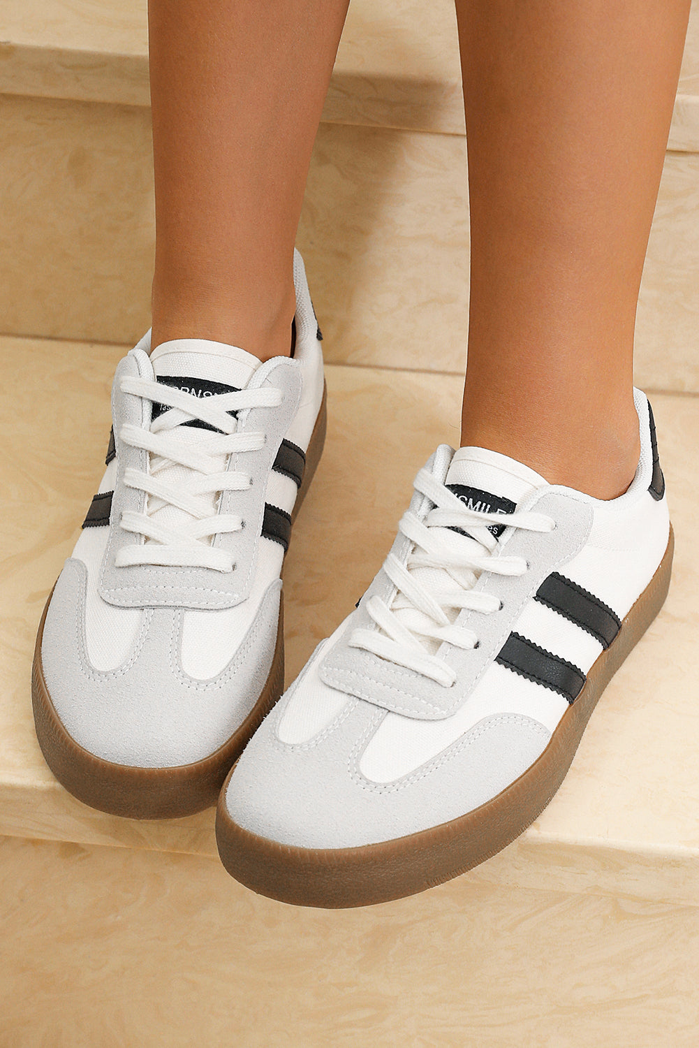 White Striped Lace Up Flat Sneakers - Heritage Couture  