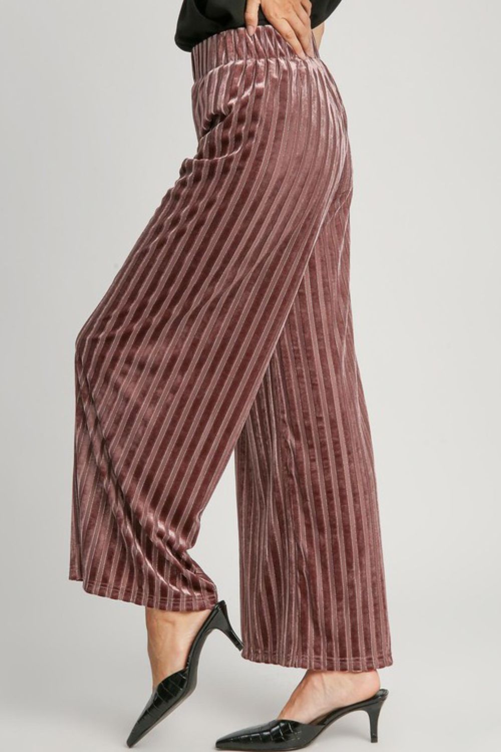 Umgee Full Size Elastic Waist Striped Wide Leg Velvet Pants - Heritage Couture  