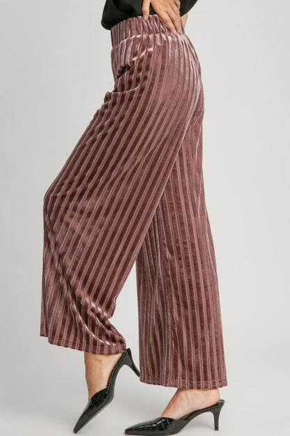 Umgee Full Size Elastic Waist Striped Wide Leg Velvet Pants - Heritage Couture  