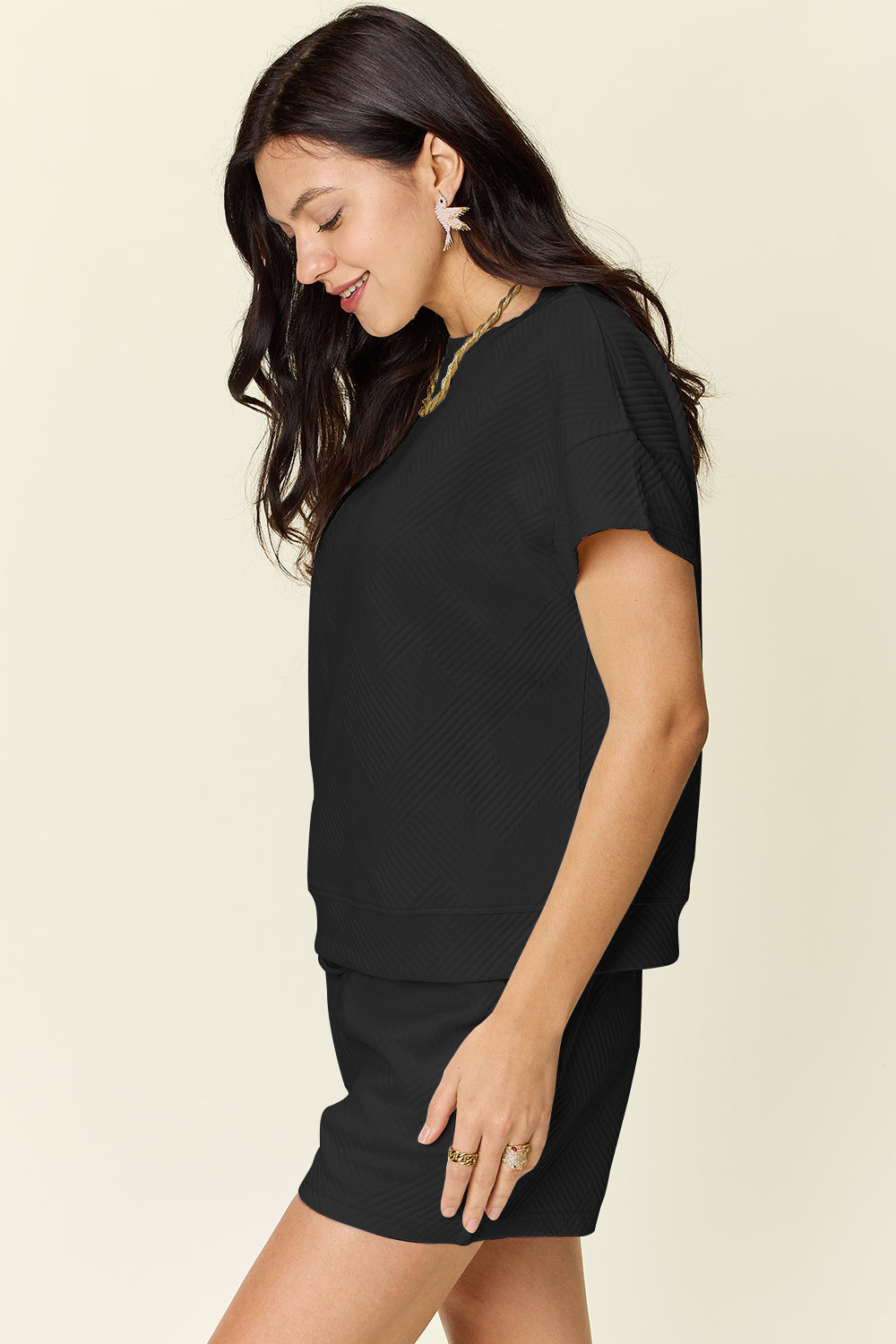 Double Take Full Size Texture Short Sleeve T-Shirt and Drawstring Shorts Set - Heritage Couture  