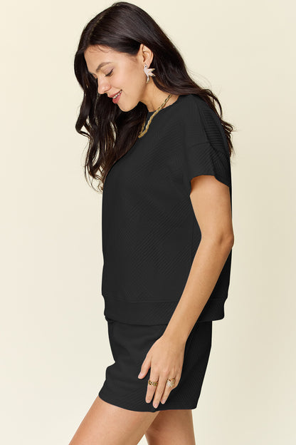 Double Take Full Size Texture Short Sleeve T-Shirt and Drawstring Shorts Set - Heritage Couture  