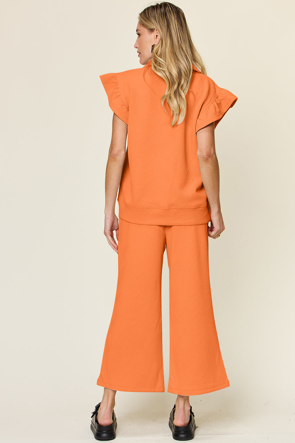 Double Take Texture Ruffle Short Sleeve Top and Drawstring Wide Leg Pants Set - Heritage Couture  