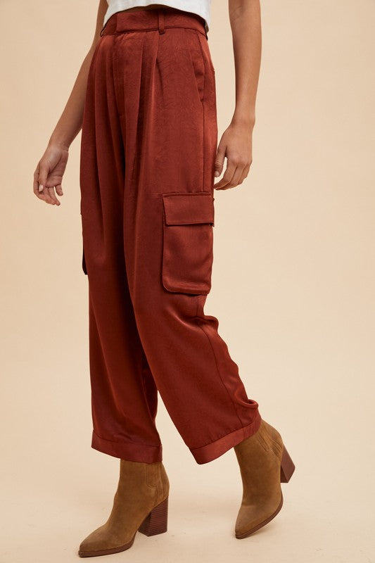 Annie Wear Wide Leg Cargo Satin Pants - Heritage Couture  