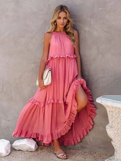 Ruffled Sleeveless Tiered Maxi Dress with Pockets - Heritage Couture  