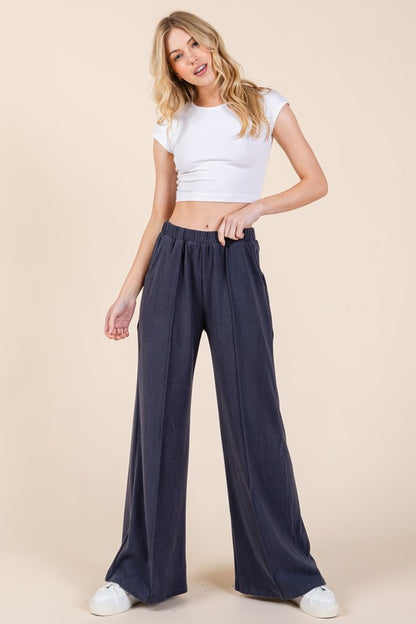 BOMBOM Elastic Waist Wide Leg Pants with Pockets - Heritage Couture  